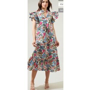 Sugarlips Feminine Floral Ruffle Sleeve Midi Dress Multi Color Cotton Size XS